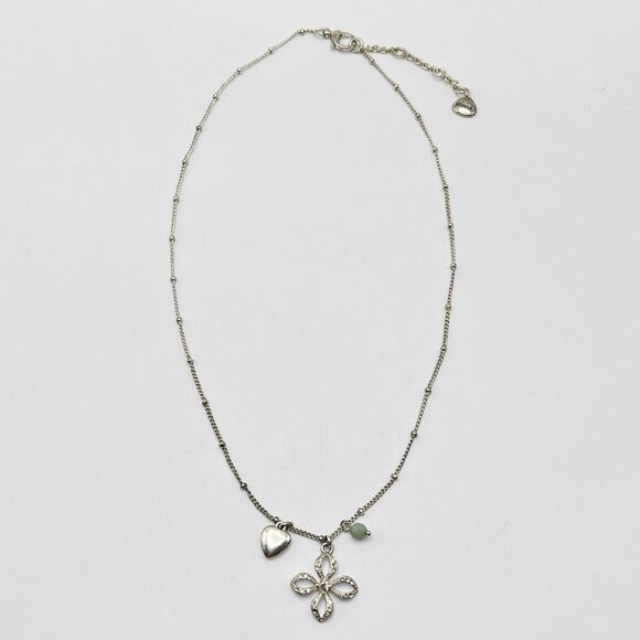 Fossil Necklace Silver Tone Flower Pendant Heart Bead Charm Boho Chic Jewelry - Picture 6 of 8